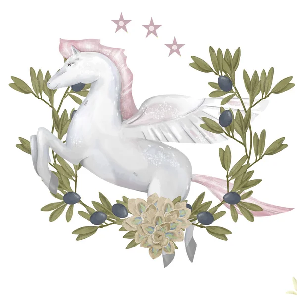 Acuarela lindo vivero pegaso. Pequeño pony blanco de fantasía con pelo rosa y rama de olivo. Lindo personaje. Ilustración infantil Aislado. Impresión para camisetas y bolsos — Foto de Stock