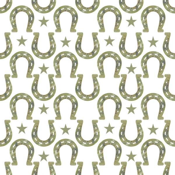 Czarno-biały powtarzalny bezszwowy wzór tła szczęśliwego konia i gwiazd do druku, tapety i tekstyliów — Zdjęcie stockowe