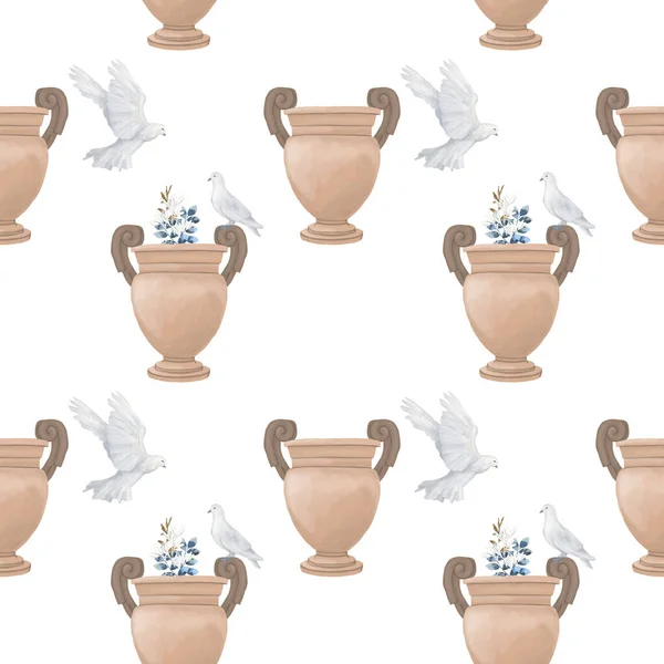 Ilustracja kreskówki ręcznie rysowane gołąb wzór pokoju z zabytkowych wazonów. Klasyczna sztuka filmowa. Szczotka akwarelowa. Rzym na chwasty, zaproszenie lub kartki okolicznościowe — Zdjęcie stockowe