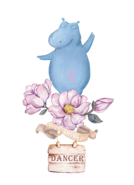 Pequeno bebê Hippo e Flamingo rosa. Cartão de banho de bebé. Elefante bebé isolado no fundo. Para saudar, honrar, celebrar o cartão postal. Watercolor bonito berçário desenho animado ilustração . — Fotografia de Stock