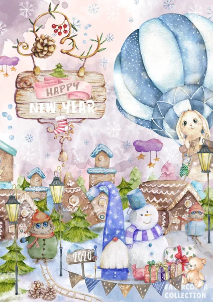 かわいい漫画のクリスマスラットマウスとフクロウ、サンタ、ウサギのクリスマスカード。水彩手描き動物イラスト。新年2020年の休日の図面。カラフルな面白いラットの木のフレームのためのグリーティングカード — ストック写真