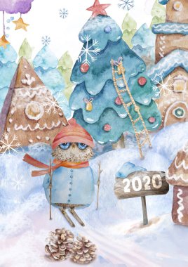 Şirin bir çizgi film. Fare fare ve baykuş Noel kartı. Suluboya elle çizilmiş hayvan resimleri. 2020 yılbaşı resmi. Tebrik kartı için renkli komik fareler ahşap çerçeve