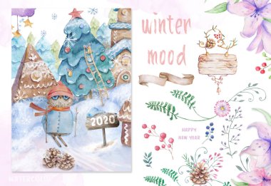 Şirin bir çizgi film. Fare fare ve baykuş Noel kartı. Suluboya elle çizilmiş hayvan resimleri. 2020 yılbaşı resmi. Tebrik kartı için renkli komik fareler ahşap çerçeve