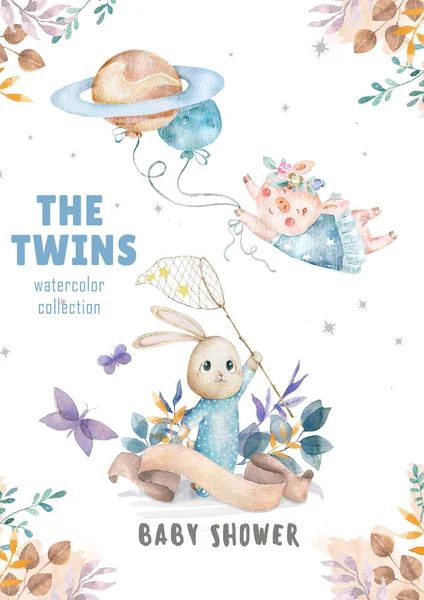 Sevimli suluboya Twins Bunny doğum günü tebrik kartları, bebek odası için posterler, bebek duş, davet, çocuk ve bebek t-shirt ve giyim. El çizilmiş kreş illüstrasyon. Komik hayvan ve pamuk — Stok fotoğraf