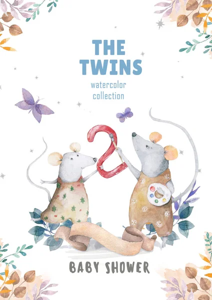 Bonito aquarela Twins Mouse aniversário cartões, cartazes para quarto de bebê, chá de bebê, convite, crianças e bebê camisetas e desgaste. ilustração berçário desenhado à mão. Animal engraçado e algodão — Fotografia de Stock