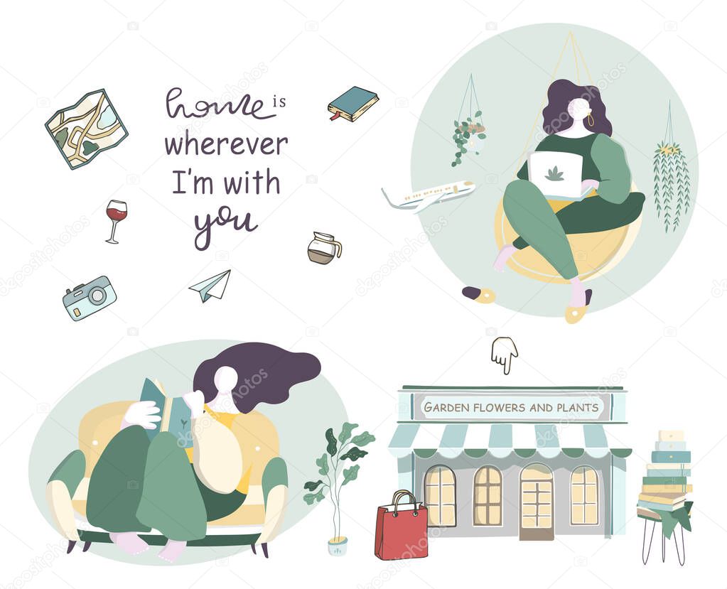 Feminine concept illustration, beautiful women in different situations. international women s day. Flat style vector design. Shopping.