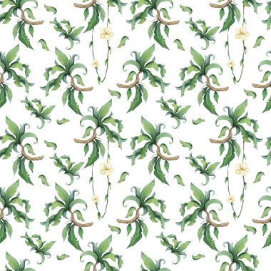 El yapımı suluboya tropikal set. Egzotik yapraklar, orman ağacı, Brezilya modası. Kumaş tasarımı için mükemmel. Aloha koleksiyonu.