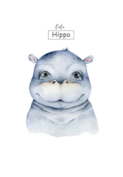 Bebê Bonito Hippo Ilustração Aquarela Desenhada Mão Fundo Branco — Fotografia de Stock