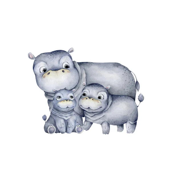 Mignon Bébé Hippo Illustration Aquarelle Dessinée Main Sur Fond Blanc — Photo