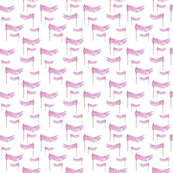 ピンクのガーリッシュバンティングフラグとシームレスなパターン。白い背景にかわいい子供っぽい誕生日リボン。子供のパーティーのための手描き水彩旗 — ストック写真