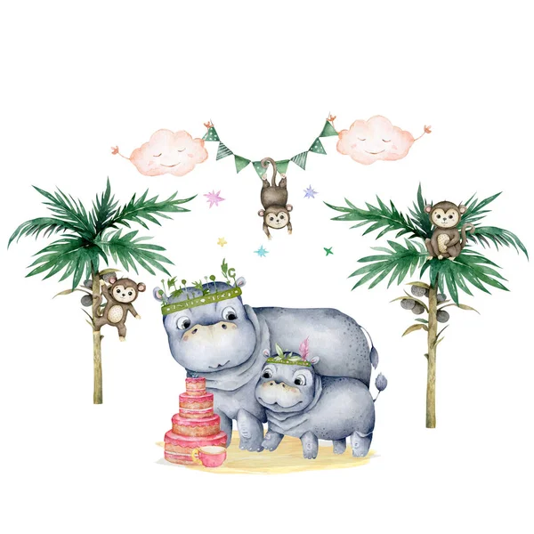 Cute baby Hippo Hand drawn watercolor illustration on white background.