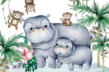 Tatlı bebek Hippo El beyaz arka planda suluboya çizimi.