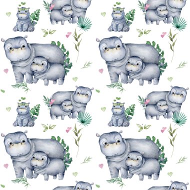 Annesiz, sevimli Hippo bebek. Beyaz arka planda el çizimi harika suluboya vahşi yaşam Afrika hayvanları karikatür çizimi