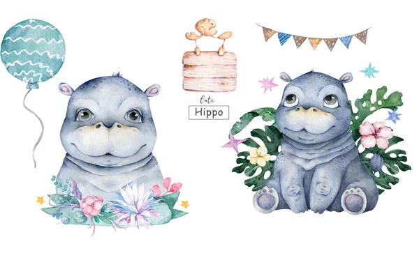 Bebê Bonito Hippo Ilustração Aquarela Desenhada Mão Fundo Branco — Fotografia de Stock