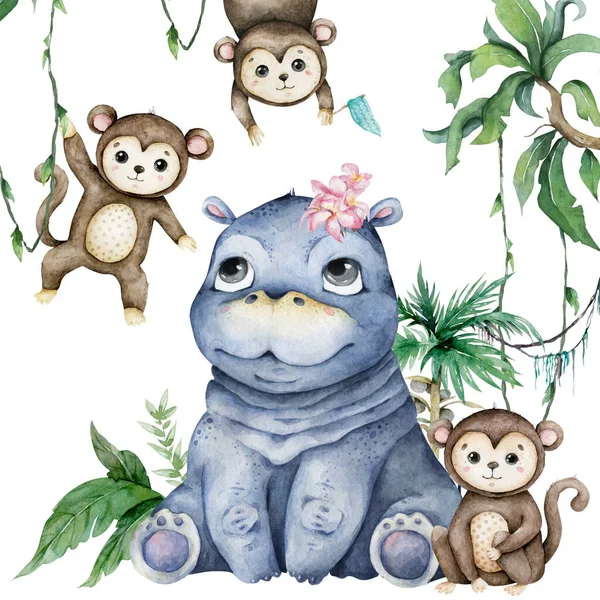 Bebê Bonito Hippo Ilustração Aquarela Desenhada Mão Fundo Branco — Fotografia de Stock