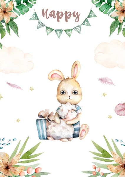 Leuke Gelukkige Verjaardag Kaart Met Cartoon Bunny Aquarel Konijn Clip — Stockfoto