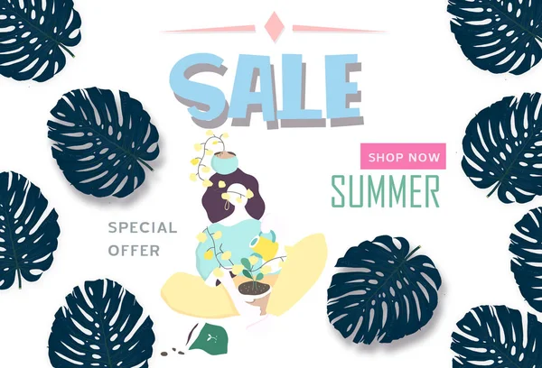 Summer sale banner with paper cut woman and tropical leaves background, exotic floral design for banner, flyer, invitation, poster, web site or greeting card. Paper cut style, illustration — Stock Photo, Image