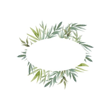 Çiçeksel yeşil kart tasarımı: Orman eğreltiotu ön okaliptüs dalı yeşil yapraklar yeşillik sarı böğürtlen çerçevesi. Düğün davetiyesi poster davetiyesi Suluboya el çizimi sanat illüstrasyonu