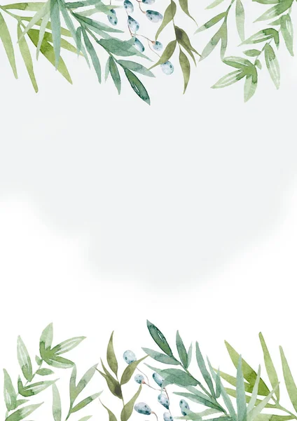 花緑のカードデザイン 森林シダの前ユーカリの枝緑の葉ハーブの緑黄色の果実のフレーム 結婚式招待ポスター招待水彩手描きイラスト — ストック写真