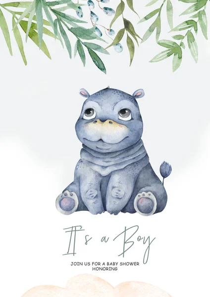 Bebê Bonito Hippo Ilustração Aquarela Desenhada Mão Fundo Branco — Fotografia de Stock