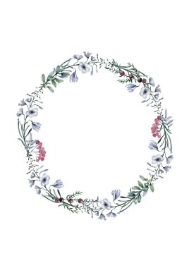 Düğün davetiyesi, çiçek davetiyesi, orman çiçekleri ve manolya geometrik altın çerçeve baskısı. Beyaz arkaplan