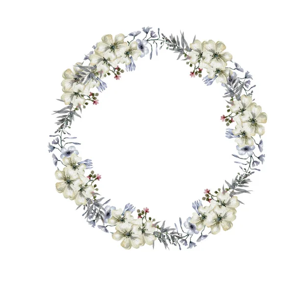 Hochzeitseinladung, Kornblumen Blumen Einladungskarte, Wald Blumen und Magnolien geometrischen goldenen Rahmen drucken. Weißer Hintergrund — Stockfoto