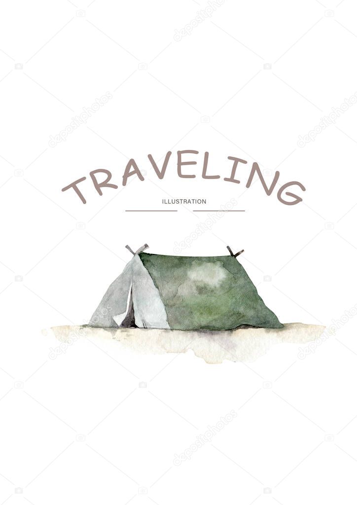 Cartoon tent and set bonfire isolated. sports tourism nature. Tents camping. The journey to the mountains and forests with tent. Watercolor tent illustration. Summer rest tents.