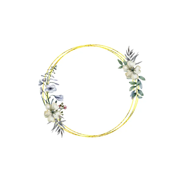 Esküvői Meghívó Virágmeghívó Kártya Erdei Virág Magnólia Geometrikus Arany Keret — Stock Fotó
