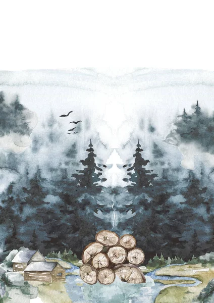 Illustration Graphique Paysage Rural Avec Village Arbres — Photo