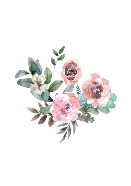 Çiçek Kartı Tasarımı: Bahçe çiçeği lavanta rengi, pembe şeftali, beyaz Anemon yeşili, yeşil okaliptüs kekiği zarif yeşillik, böğürtlen, orman buket baskısı. Düğün kırsal davetiyesi.