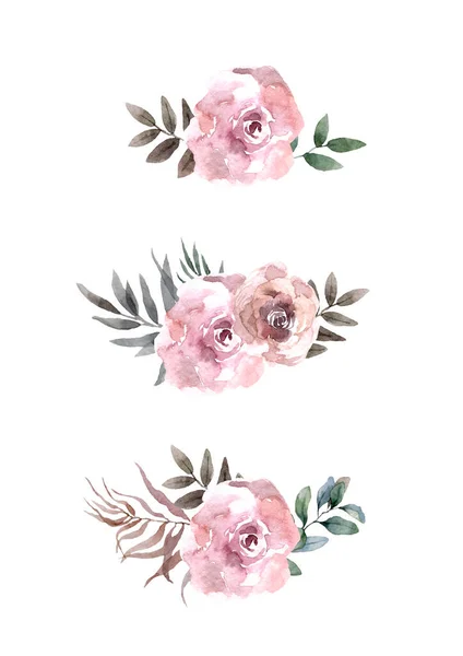 Floral Card Design: Garten Blume Lavendel rosa Pfirsich Rose handgezeichnet Aquarell Blätter elegantes Grün, Beere, Waldstrauß Print. Hochzeit rustikal Einladung elegant einladen — Stockfoto