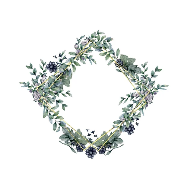 Diseño de la tarjeta de vegetación floral: rama verde hojas marco cuadrado. Boda invitación cartel invitación Acuarela ilustración de arte dibujado a mano. Hojas forestales —  Fotos de Stock