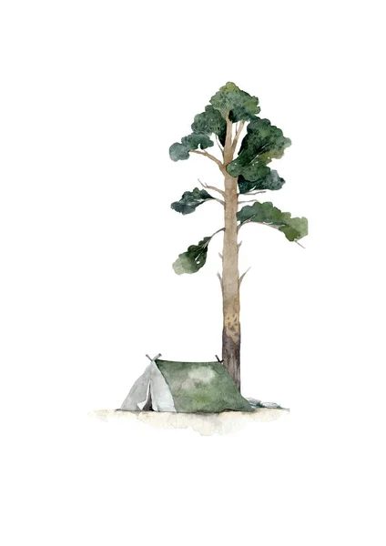 Χειροποίητη σκηνή ακουαρέλα στο δάσος με σχέδιο κάμπινγκ δέντρο απομονωμένο σε λευκό φόντο — Φωτογραφία Αρχείου