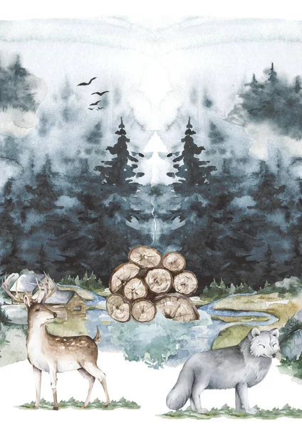 Grafická ilustrace krajiny se zvířaty a stromy. Ručně kreslený akvarel ilustrace. Prázdná konstrukce lesa. národní park, vesnice — Stock fotografie