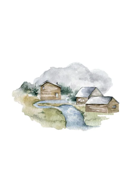 Ζωγραφισμένο χέρι λίμνη σπίτι vintage πρότυπο λογότυπο. Ετικέτα Υδατογραφία ρεαλιστικό τοπίο — Φωτογραφία Αρχείου