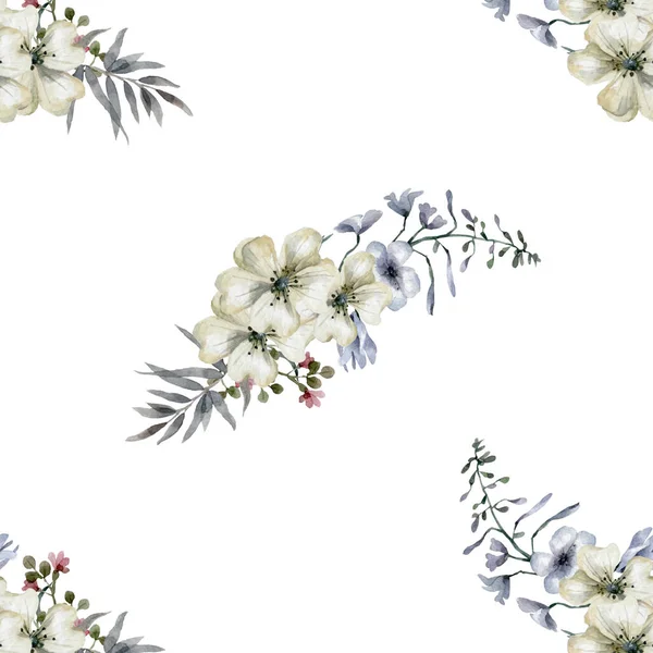 Padrão sem costura com buquê de flores vintage. Adorável floresta floral desenhado à mão aquarela isolado ilustração no fundo branco — Fotografia de Stock