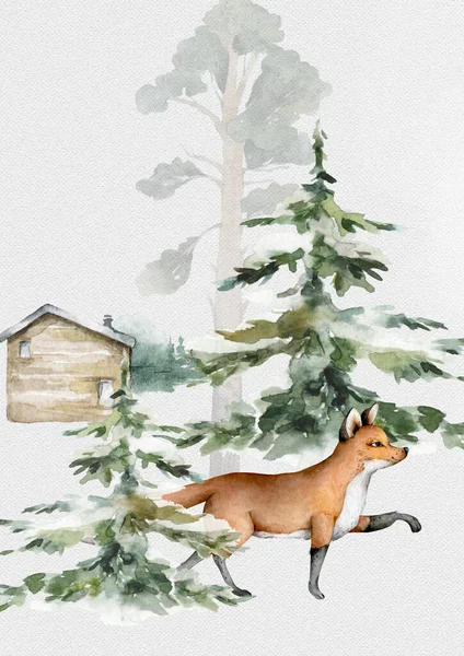 Fox animal in forest. Realistic winter cute walking red wild fox isolated illustration on white background.