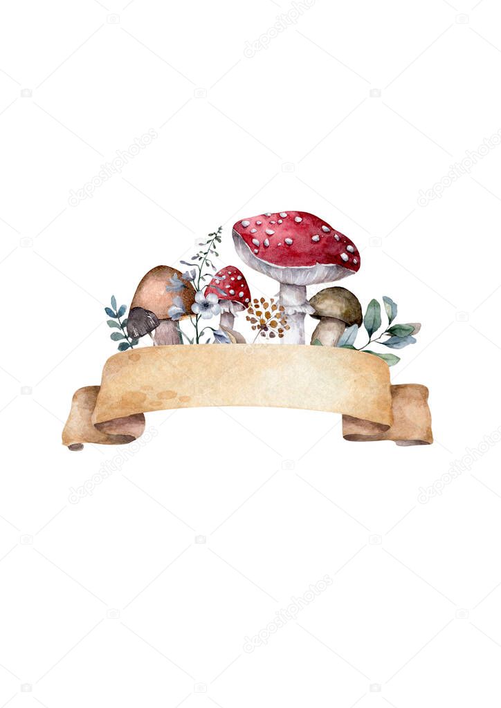 Forest mushrooms with ribbon. Fly agaric mushroom. Hand drawn watercolor isolated realistic illustration on white background