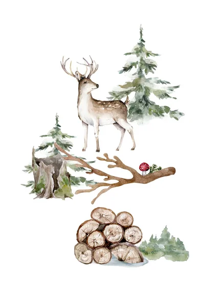 Handgezeichnete Aquarell-Hirsch-Illustration mit Baum, Isolationsobjekte auf weißem Hintergrund Waldtiere — Stockfoto