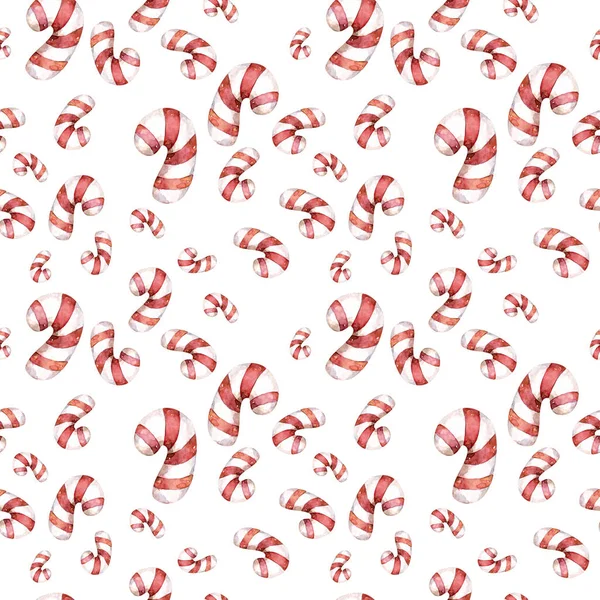 Cheerful candy cane background seamless pattern. Hand drawn watercolor cute christmas red candy. Nursery illustration. — Stock Photo, Image