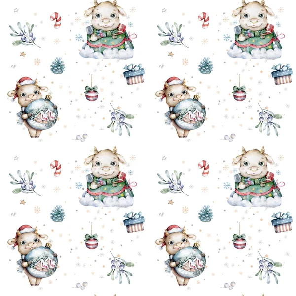 Seamless pattern Cute Cartoon Bull in Santa hat with toy. Hand drawn watercolor christmas illustration. Nursery clip art