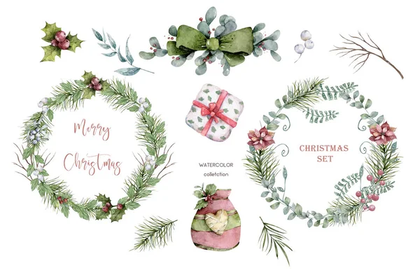 Watercolor Christmas set of wreath with christmas tree spruce branches, flower and berries on a white background isolated. Holiday decoration winter element