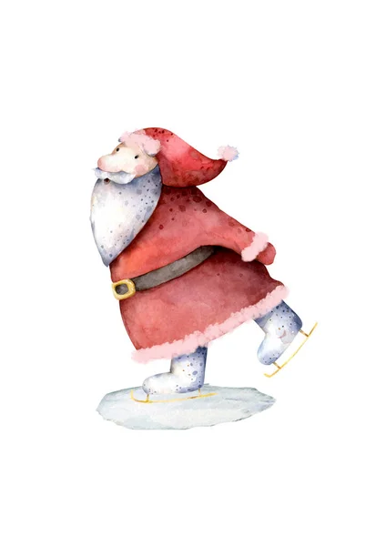 Zimowe Tło Łyżwiarstwa Santa Claus Płatki Śniegu Jodły — Zdjęcie stockowe