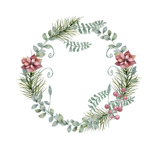 Aquarell Weihnachtskranz Mit Tannenzweigen Blume Und Beeren Auf Weißem Hintergrund — Stockfoto