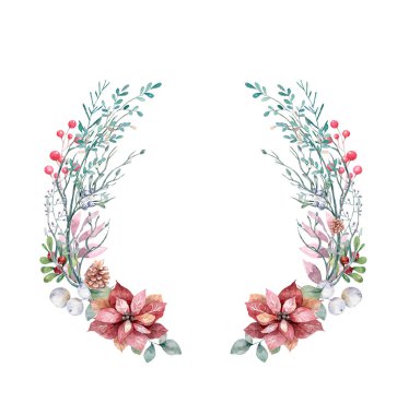 El yapımı vintage çelenk. Suluboya ağaç dalları çelengi. Kış vintage çerçevesi