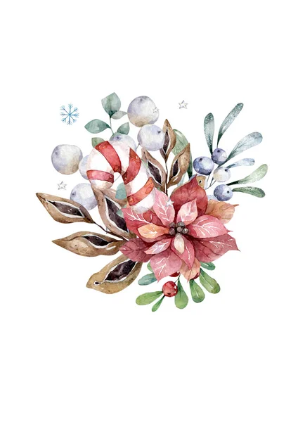 Weihnachtlicher Blumenstrauß Mit Weihnachtsstern Und Tannenzweigen Illustration — Stockfoto