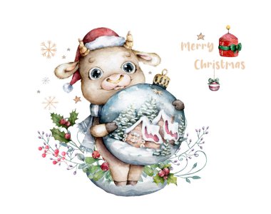 Mavi arka planda Noel Baba şapkalı şirin çizgi film boğası.