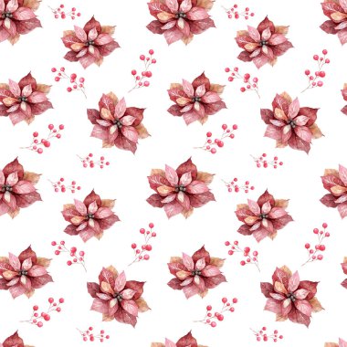 suluboya Noel deseni, karabatak çiçekleri, noktalı yıldız, kırmızı böğürtlen beyaz arka plan