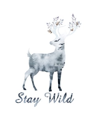 suluboya çizimler izole edilmiş geyikler, büyük boynuzlar, boynuzlarda çiçekler ve kuşlar, kiraz çiçekli çiçekler, kuş kırmızısı kardinal, kuş ispinozu