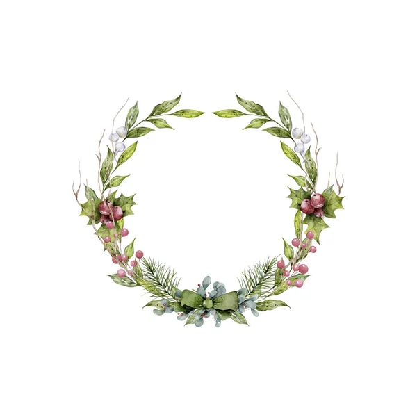 Watercolor Christmas set of wreath with christmas tree spruce branches, flower and berries on a white background isolated. Holiday decoration winter element